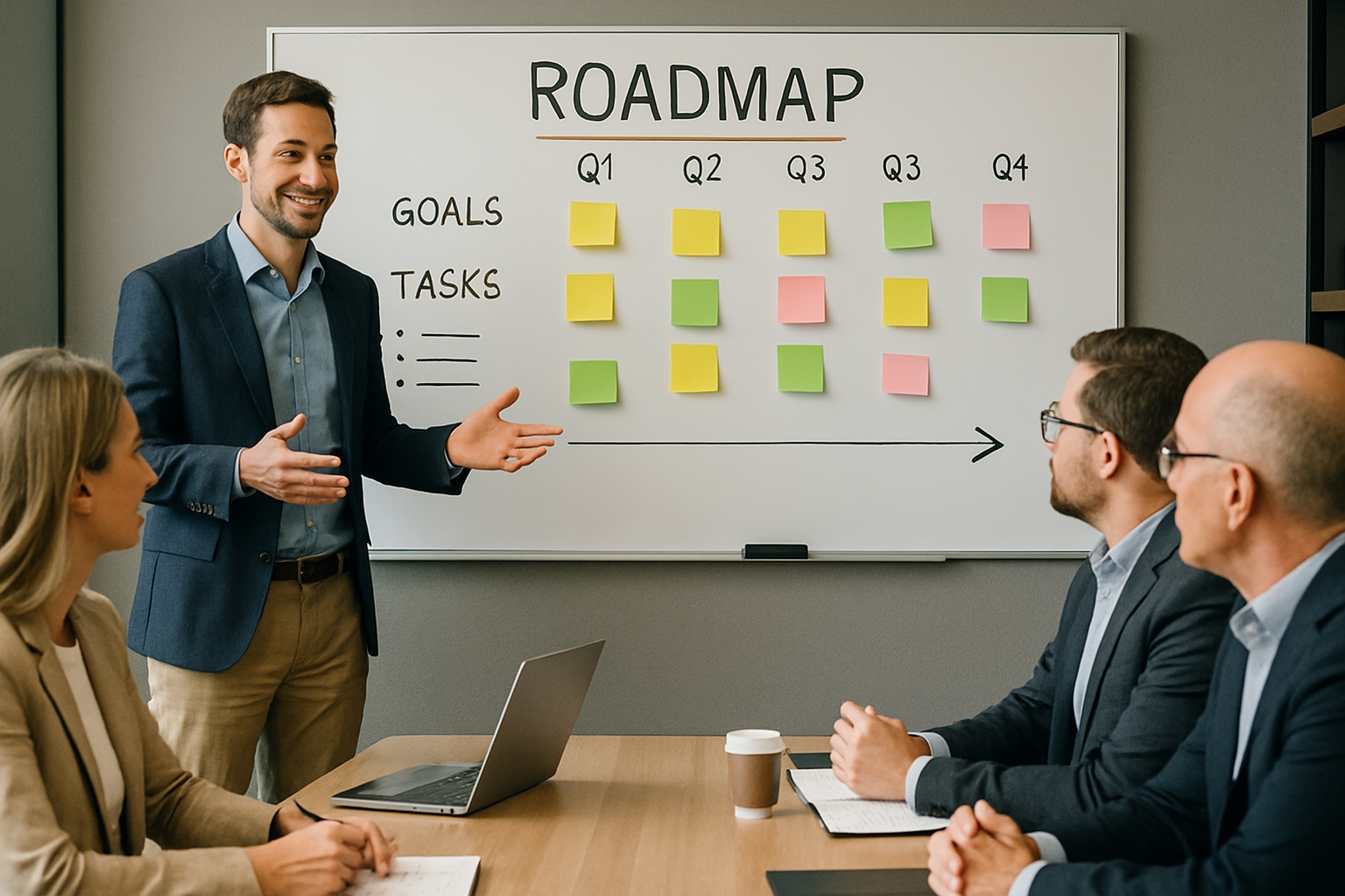 Consultant facilitating a roadmap workshop with B2B software leaders