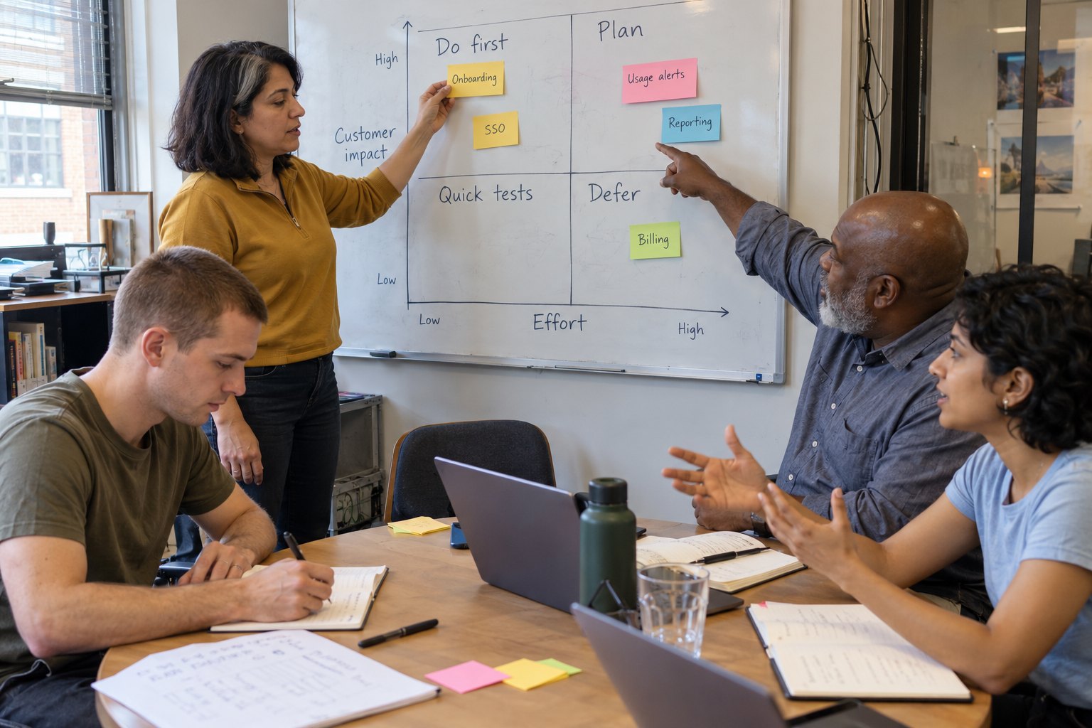 A product team sorting work on a priority grid
