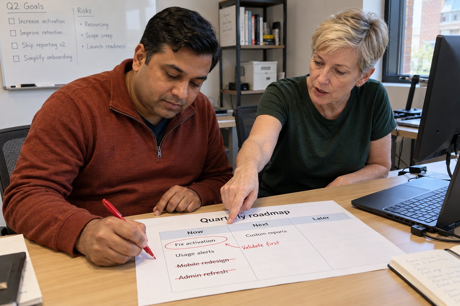 Two people cutting items from a quarterly roadmap